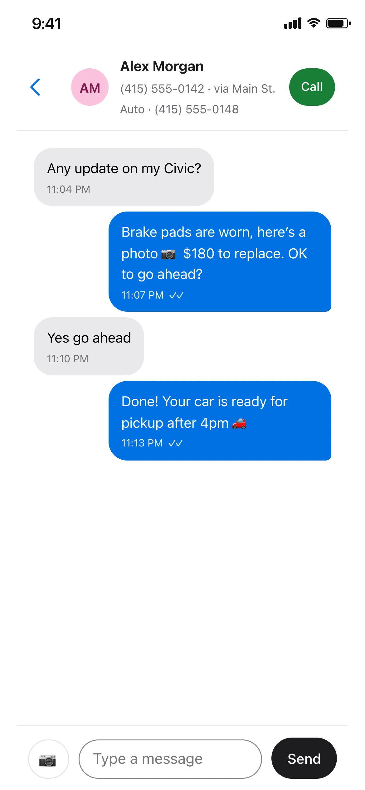 The MyRingRing app showing a text conversation for Main St. Auto