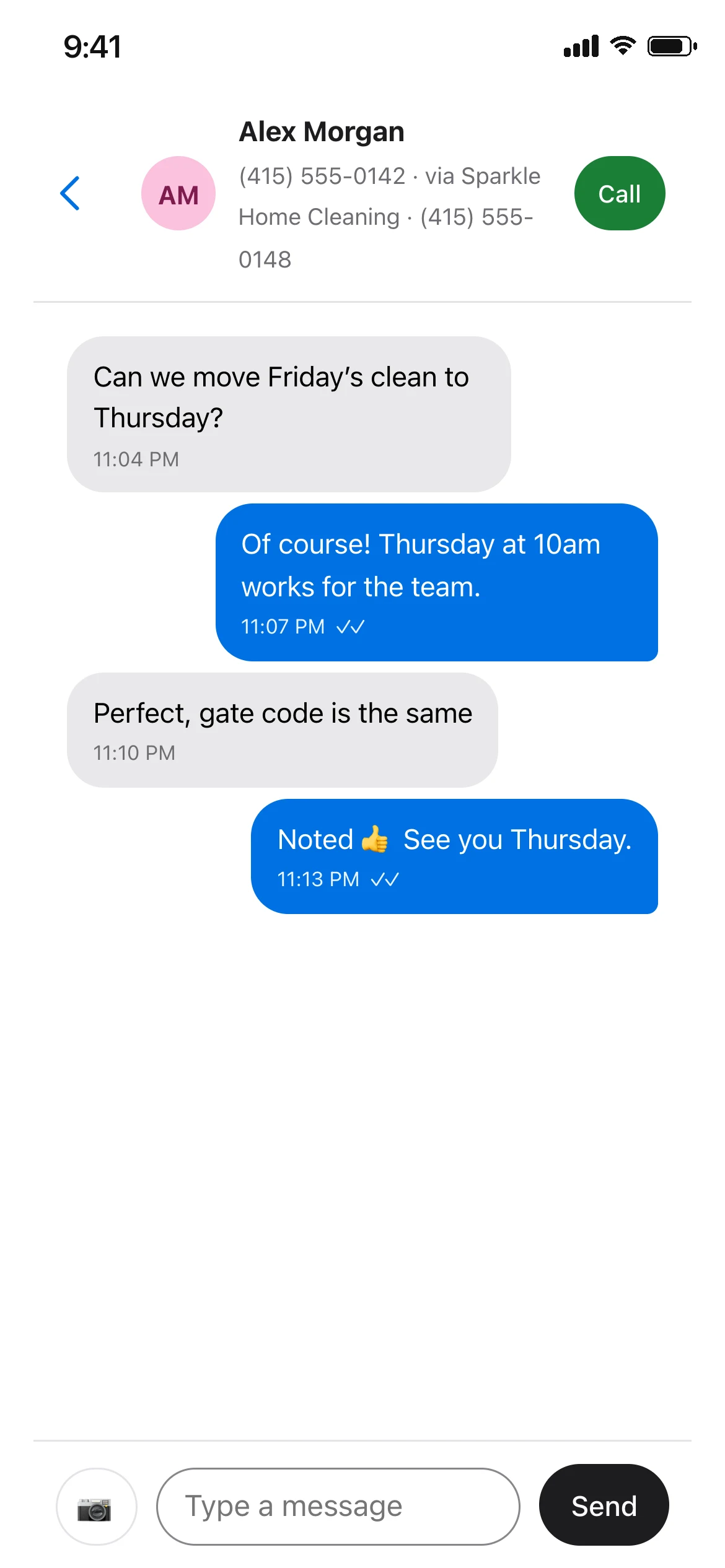 The MyRingRing app showing a text conversation for Sparkle Home Cleaning