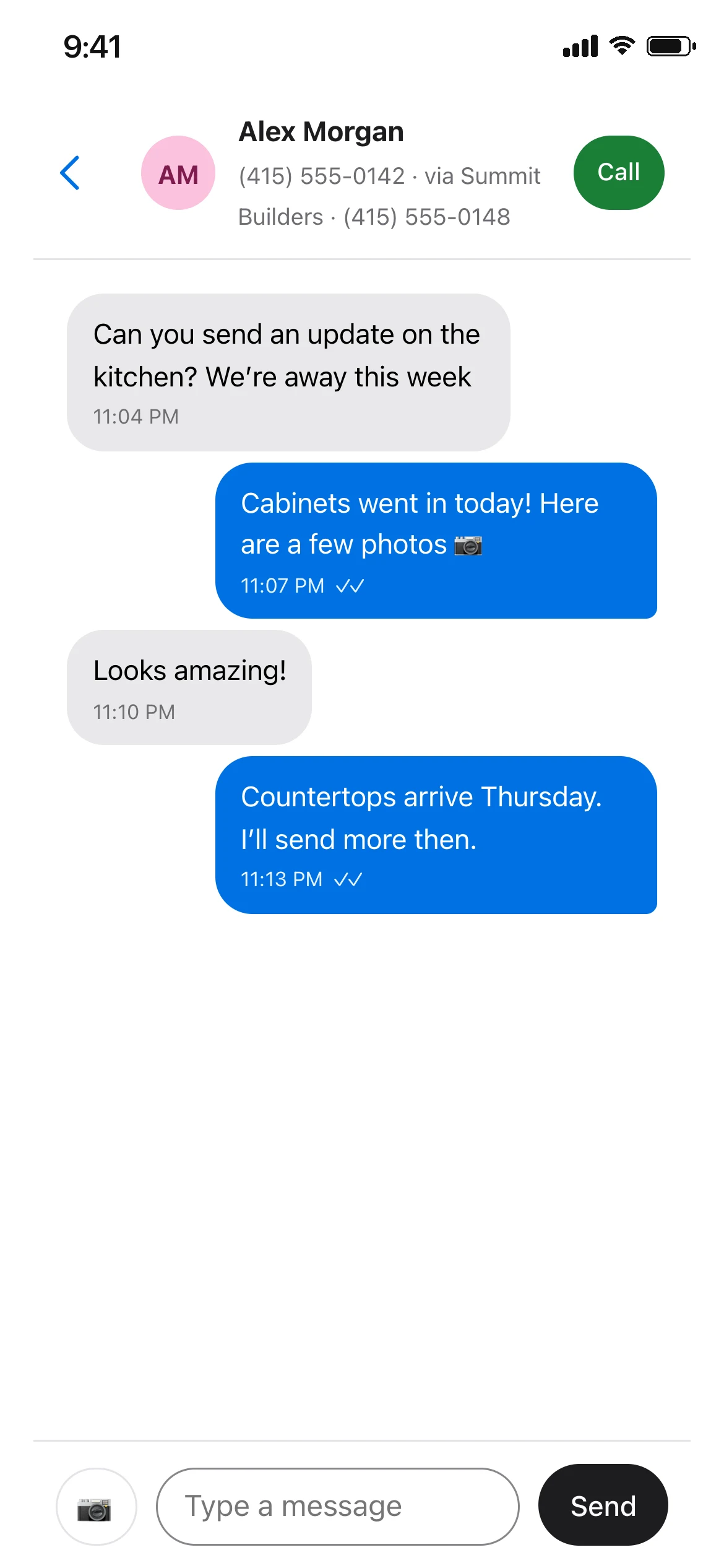 The MyRingRing app showing a text conversation for Summit Builders
