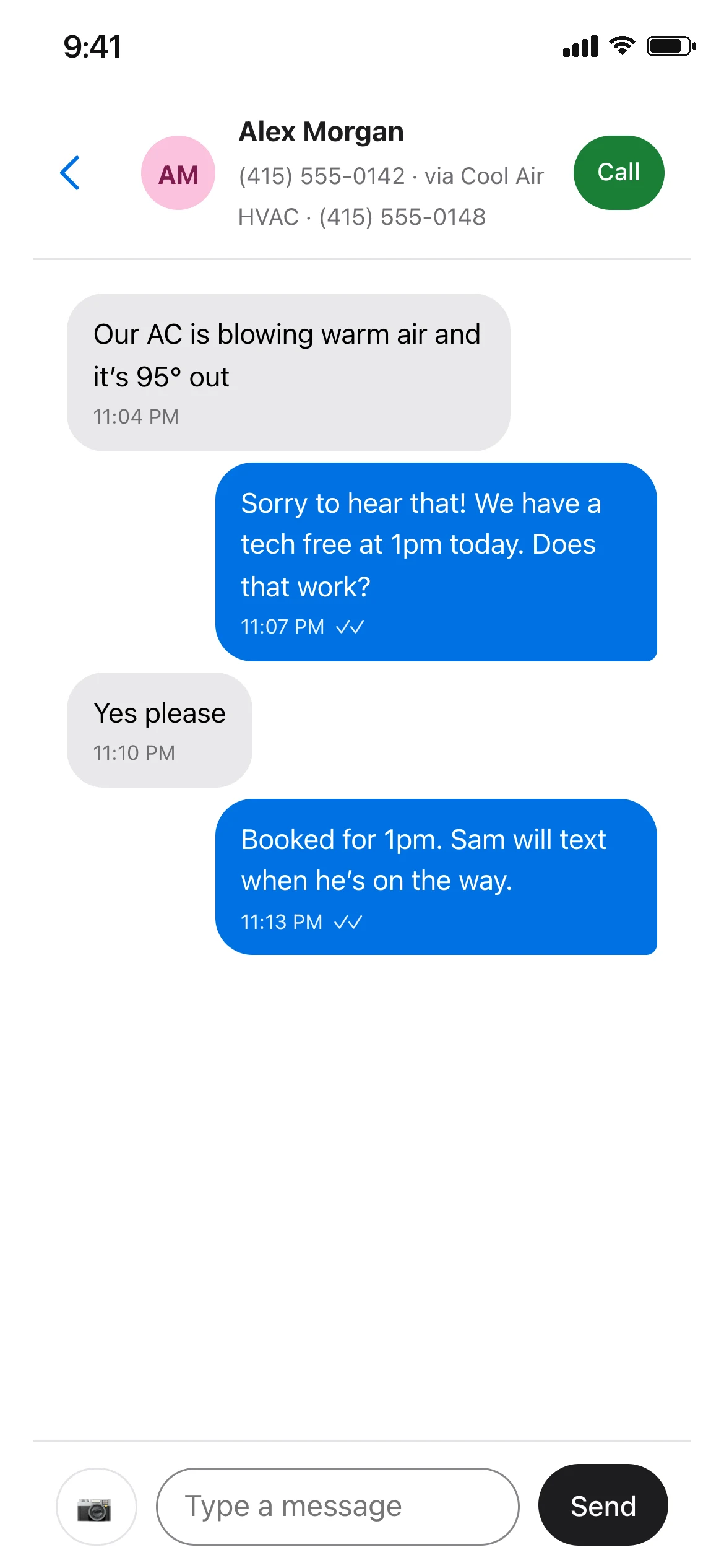 The MyRingRing app showing a text conversation for Cool Air HVAC