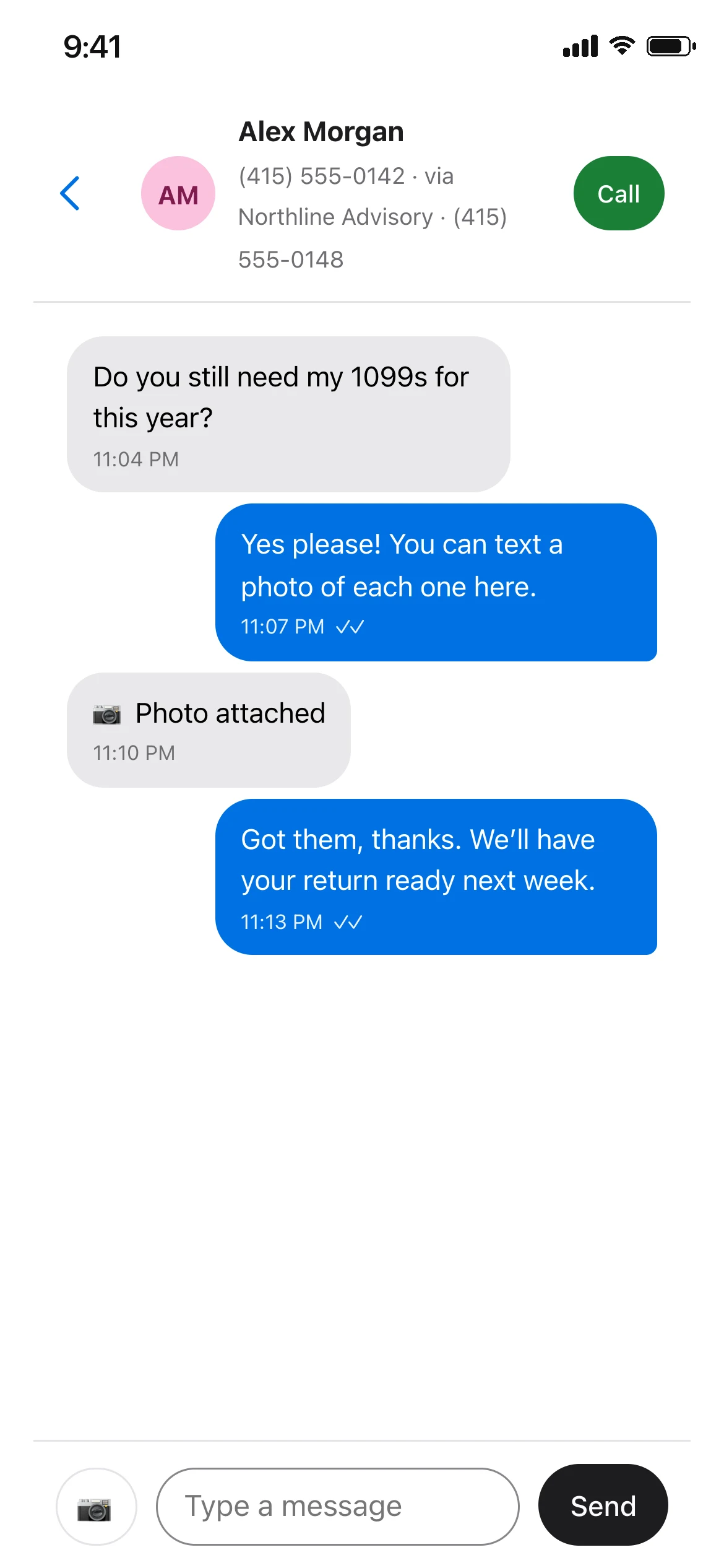 The MyRingRing app showing a text conversation for Northline Advisory