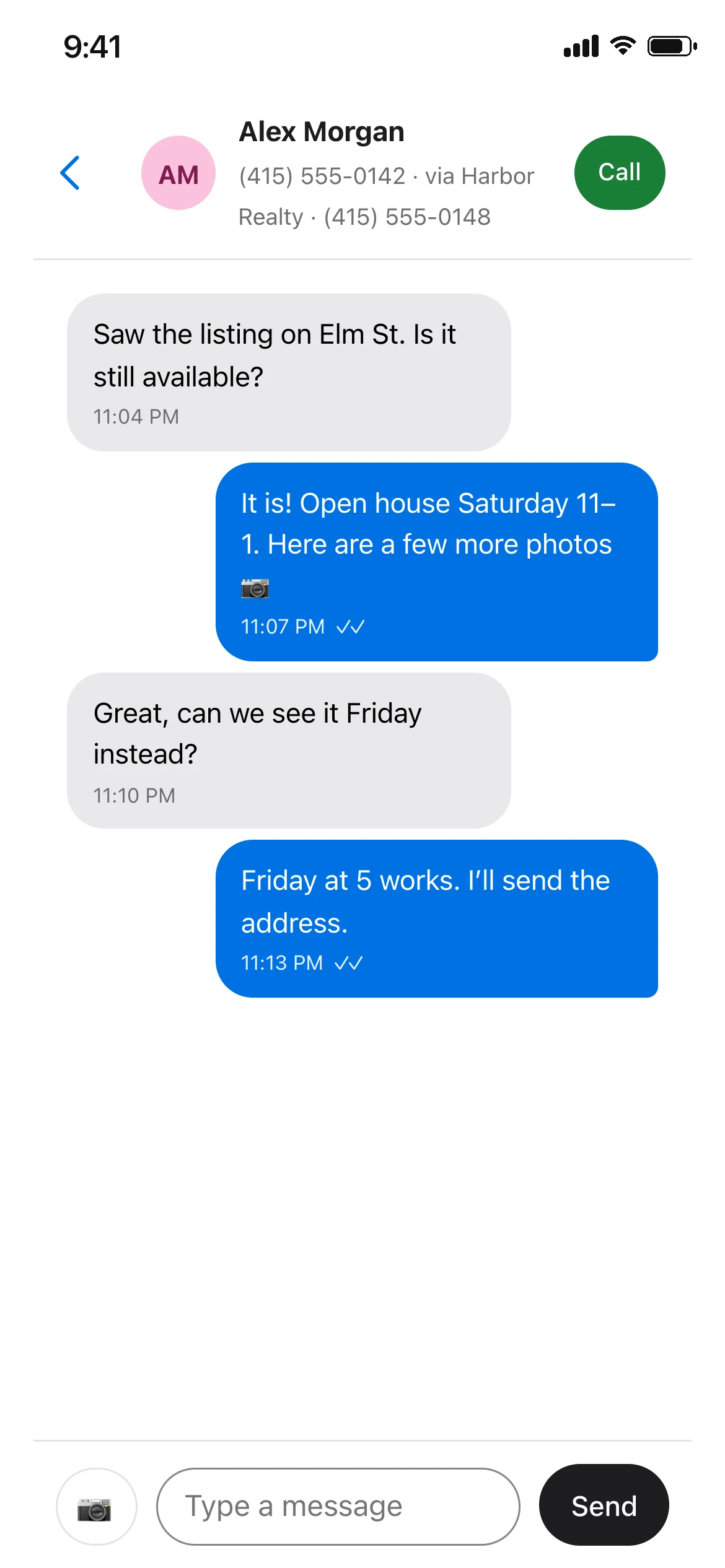 The MyRingRing app showing a text conversation for Harbor Realty
