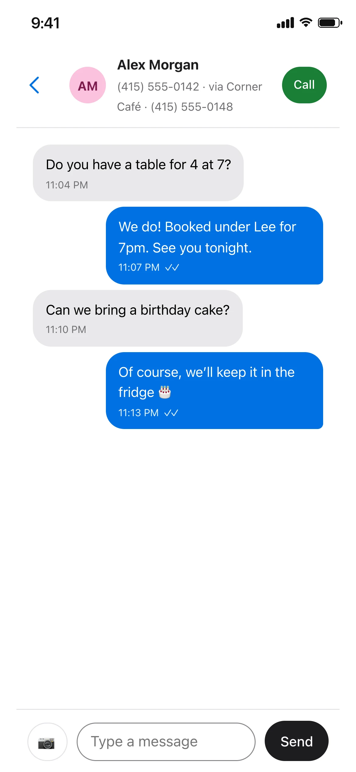 The MyRingRing app showing a text conversation for Corner Café