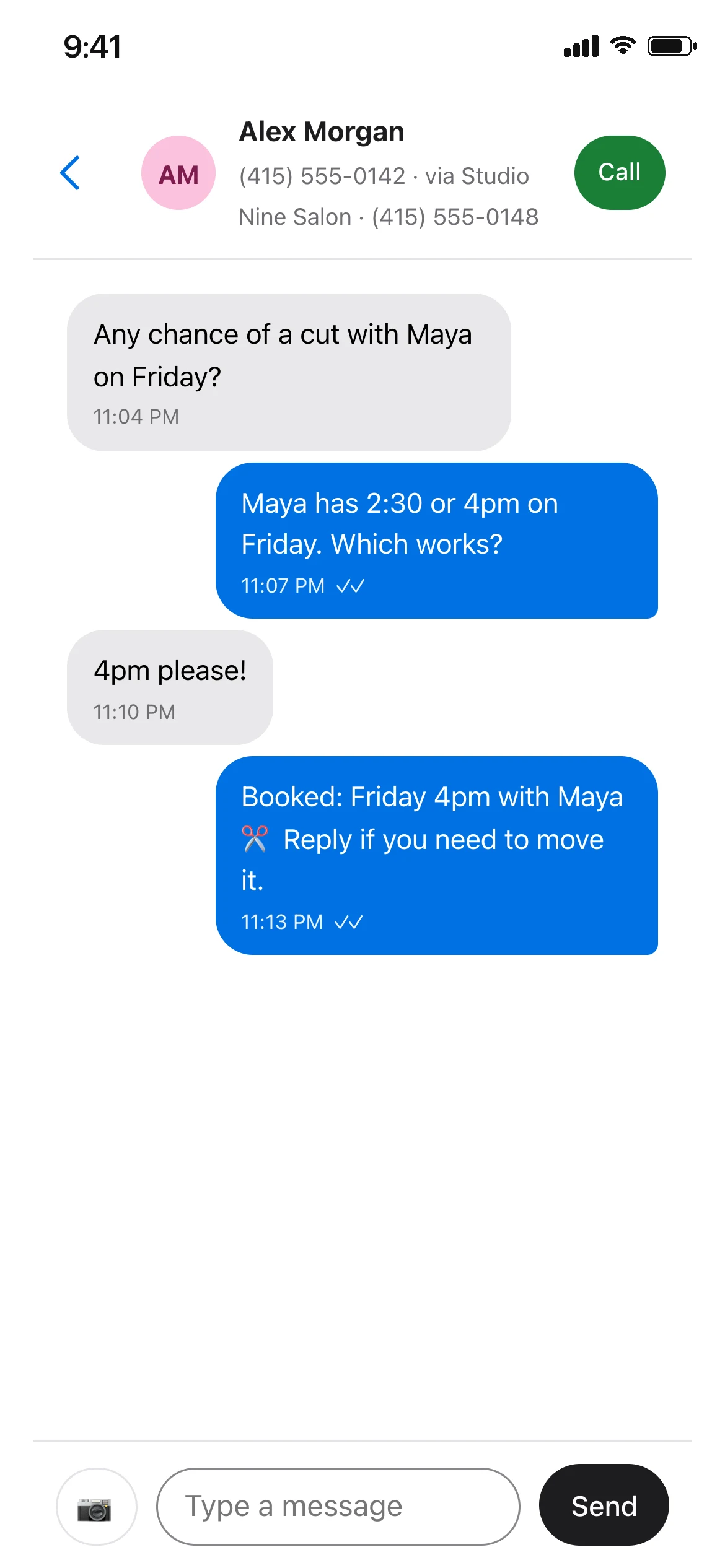 The MyRingRing app showing a text conversation for Studio Nine Salon