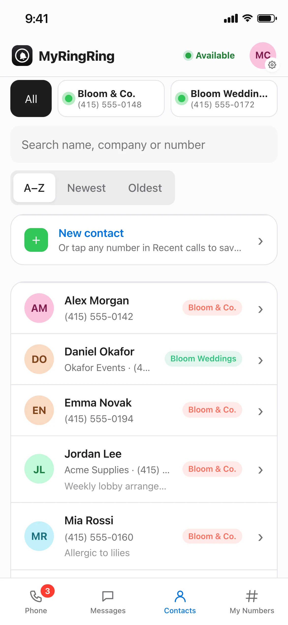 MyRingRing Contacts screen