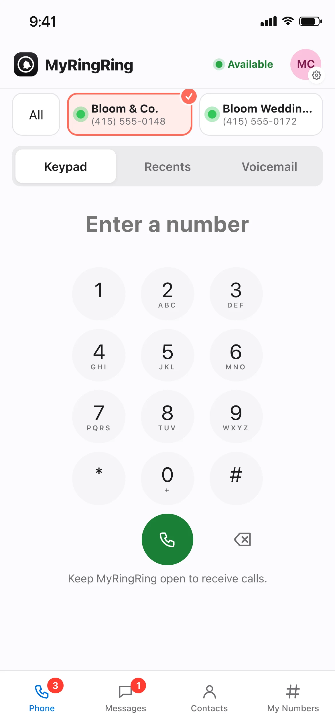 MyRingRing Keypad screen