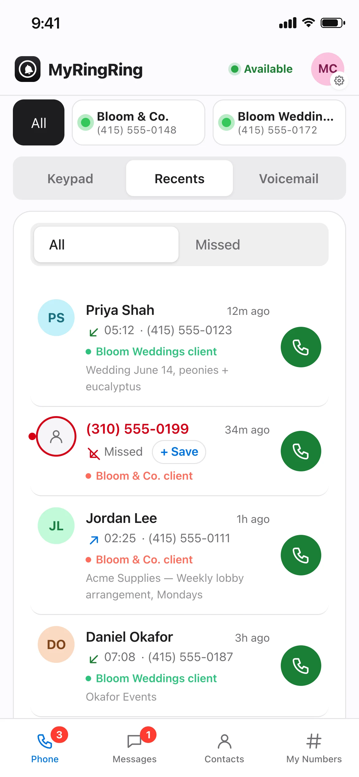 MyRingRing Recents screen