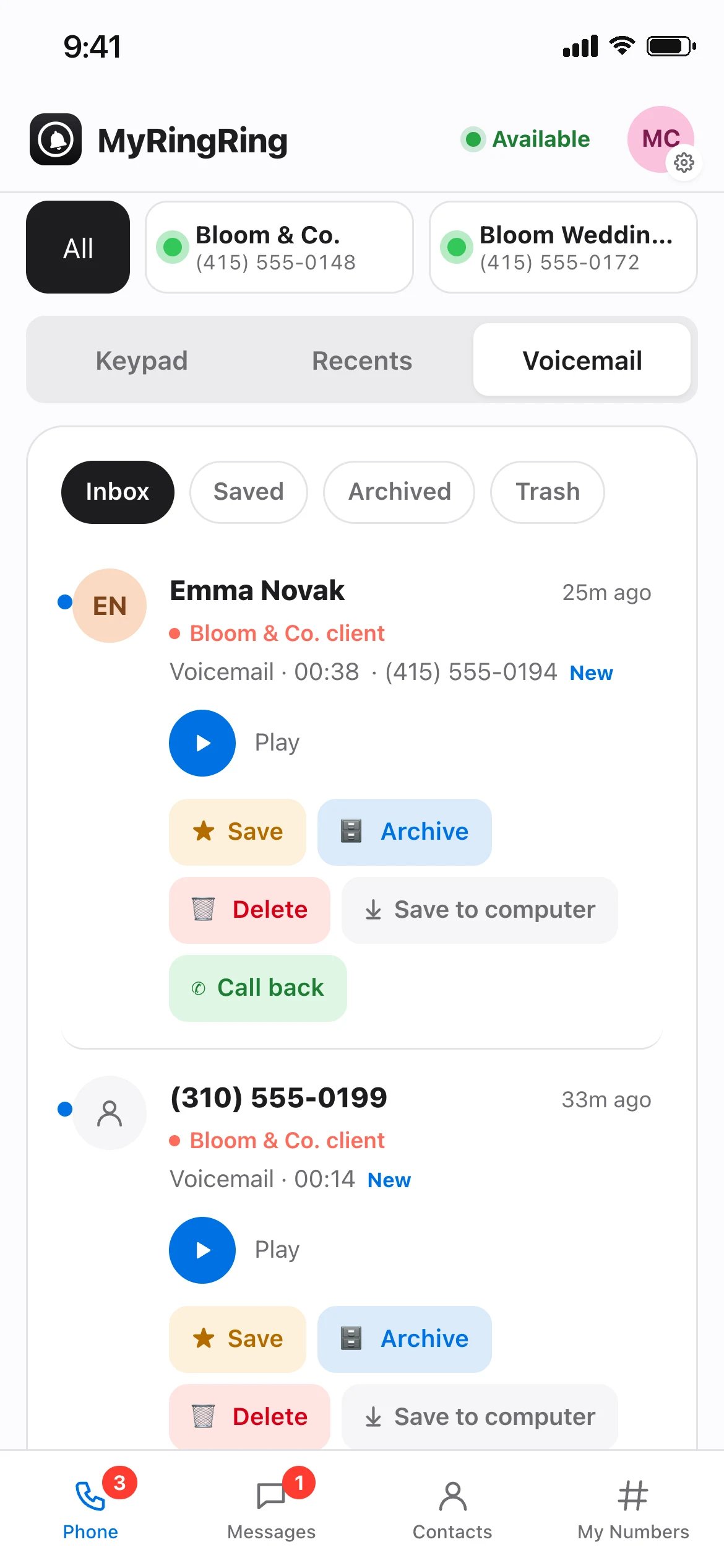 MyRingRing Voicemail screen